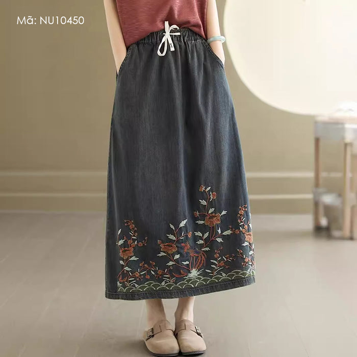 Chân váy denim lưng thun dây rút thêu hoa lá - NU10450