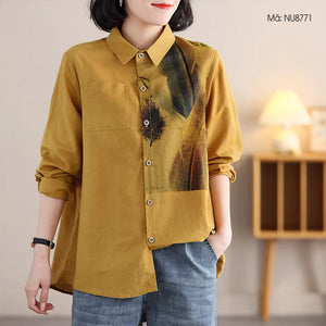 Áo sơ mi linen dài tay cổ đức in lông vũ - NU8771