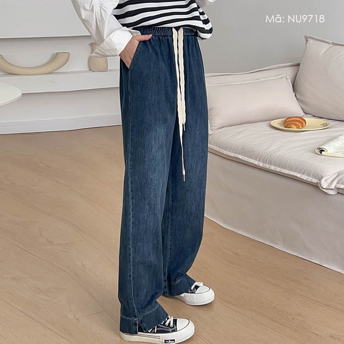 Quần baggy denim lưng thun dây rút ống suông xẻ tà - NU9718
