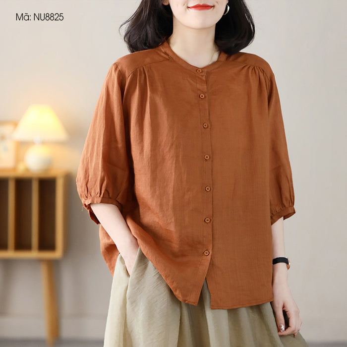 Áo sơ mi linen ngắn tay cổ tròn form rộng vạt mullet - NU8825