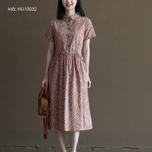 Đầm liền linen ngắn tay cổ đức in hoa liti túi chéo khuy cài - NU10032