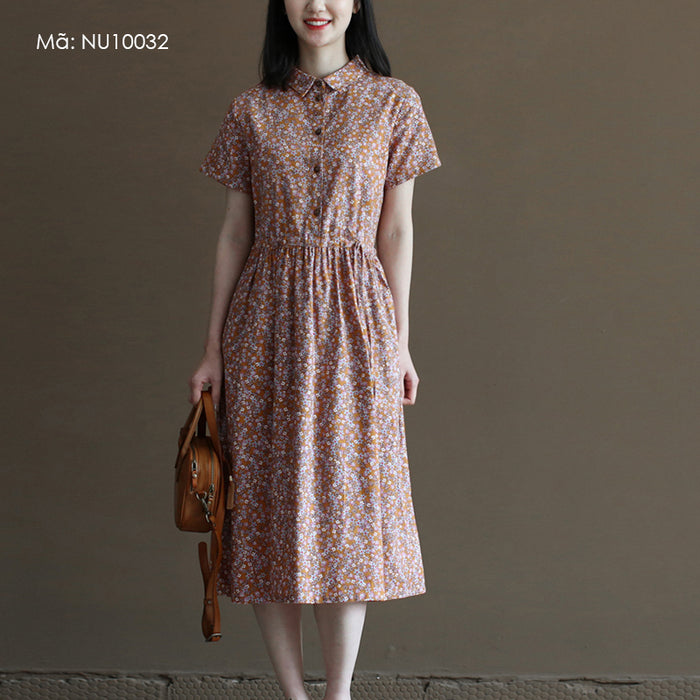 Đầm liền linen ngắn tay cổ đức in hoa liti túi chéo khuy cài - NU10032