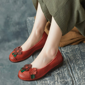 Giày da morigirl retro đế bằng đính hai hoa - OD2274