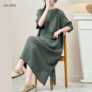 Đầm liền linen ngắn tay cổ tròn khuy cài hai bên - D005