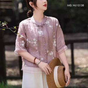 Áo sơ mi linen Organza ngắn tay cổ đứng thêu hoa lá - NU10138