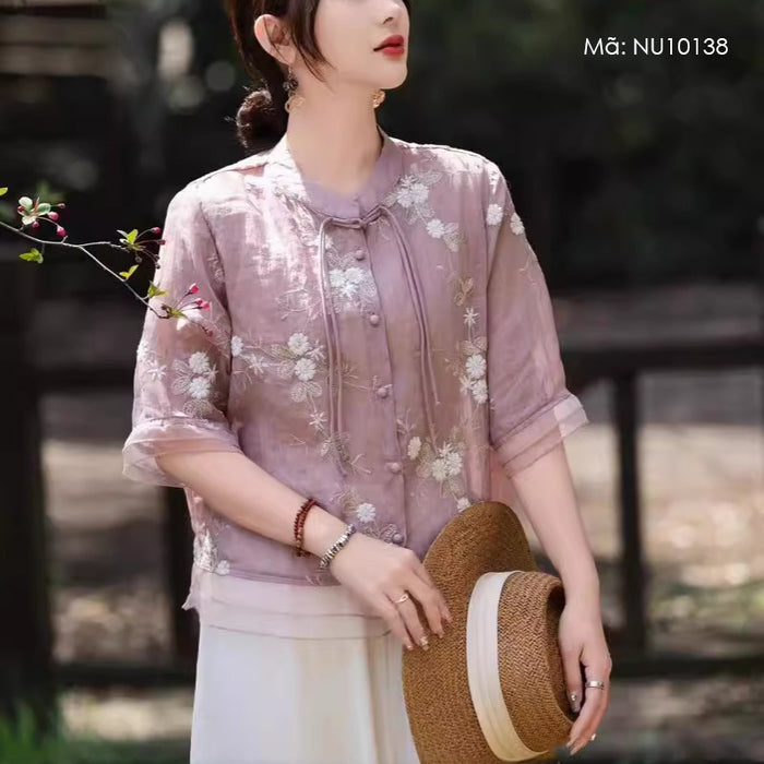 Áo sơ mi linen Organza ngắn tay cổ đứng thêu hoa lá - NU10138