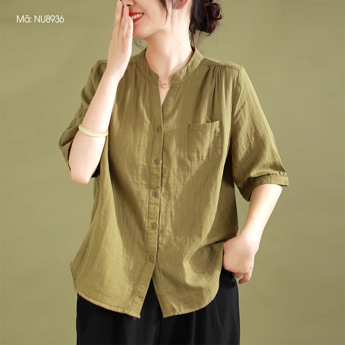 Áo sơ mi linen ngắn tay cổ đứng xẻ V một túi - NU8936