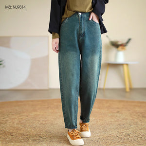 Quần baggy denim basic lưng thun khuy cài kiểu bạc gối - NU9314