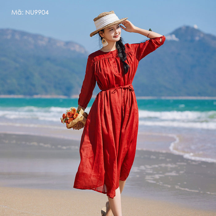 Đầm liền linen ngắn tay cổ tròn khuy cài - NU9904