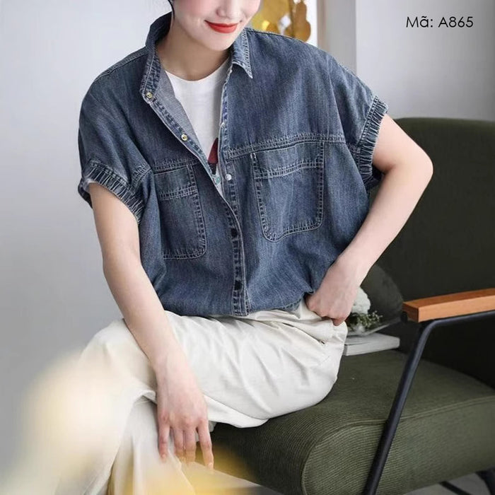 Áo khoác denim ngắn tay bo chun cổ đức - A865
