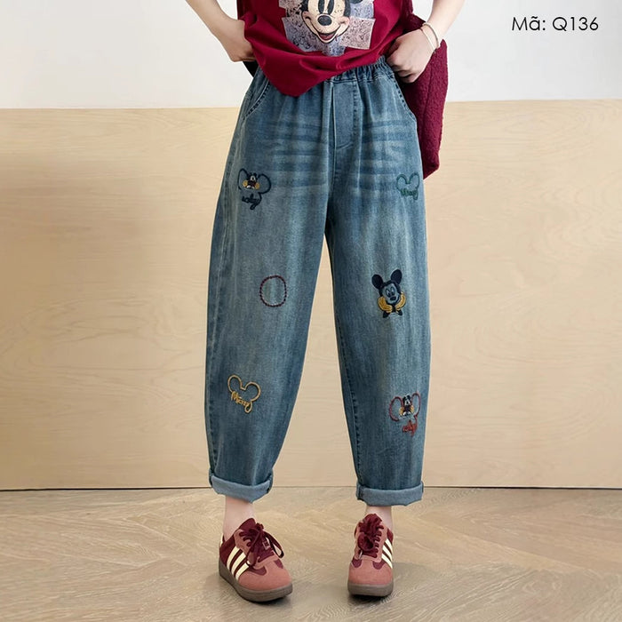 Quần baggy denim lưng thun ống côn thêu trừu tượng - Q136