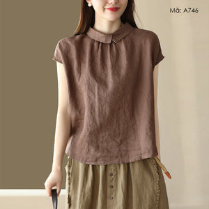 Áo sơ mi linen sát nách cổ pipi khuy cài sau - A746