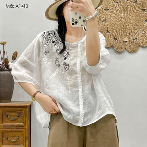 Áo sơ mi linen ngắn tay thêu hoa - A1413