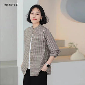 Áo sơ mi linen dài tay cổ đứng kẻ sọc caro - NU9837