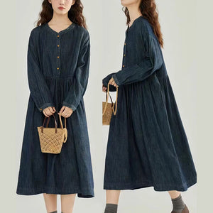 Đầm liền denim dài tay cổ trái tim khuy tròn - NU9793