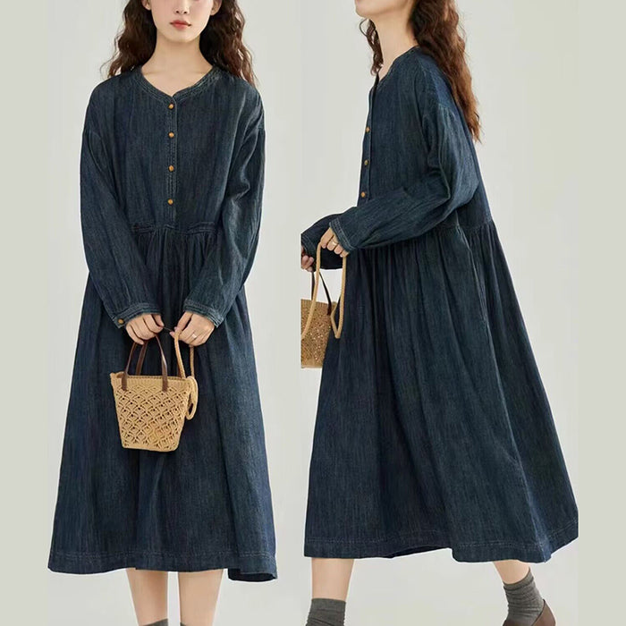 Đầm liền denim dài tay cổ trái tim khuy tròn - NU9793
