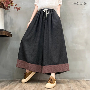 Quần baggy denim lưng thun ống rộng phối caro - Q129