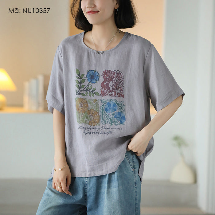 Áo T-shirt linen ngắn tay cổ tròn in hoa lá và chim retro - NU10357