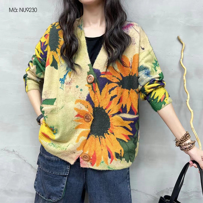 Áo khoác len cardigan dài tay cổ V in hoa hướng dương - NU9230