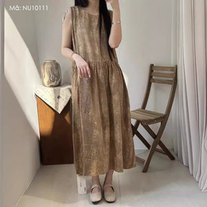 Đầm liền linen sát nách cổ tròn in đồng màu - NU10111