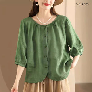 Áo sơ mi linen ngắn tay cổ tròn vạt bo - A820