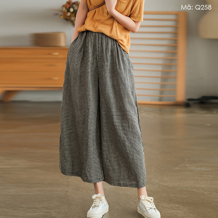 Quần baggy linen lưng thun kẻ sọc caro nhỏ ống rộng - Q258