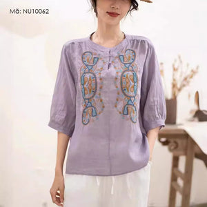 Áo sơ mi linen ngắn tay cổ tròn thêu retro hai khuy - NU10062