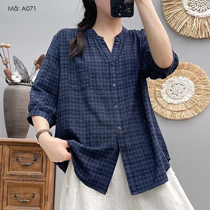 Áo sơ mi ngắn tay cổ tròn xẻ V một túi kẻ sọc - A071