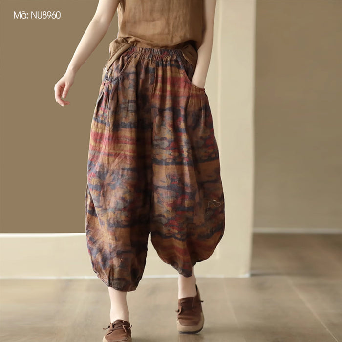 Quần baggy linen alibaba lưng thun in hoa văn trừu tượng - NU8960