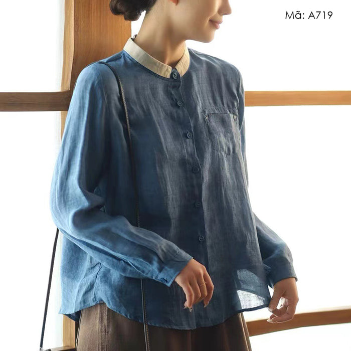 Áo sơ mi linen dài tay cổ bẻ lệch màu một túi - A719