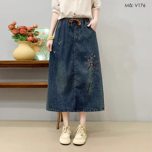 Chân váy denim thêu thiên nhiên - V176