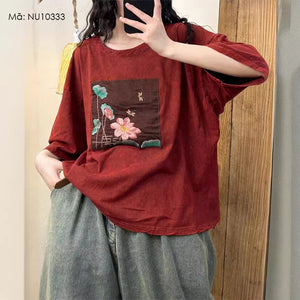 Áo T-shirt linen ngắn tay cổ tròn thêu hoa sen - NU10333