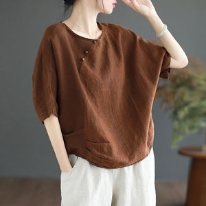 Áo T-shirt linen ngắn tay cổ tròn đính khuy túi kiểu - NU9896