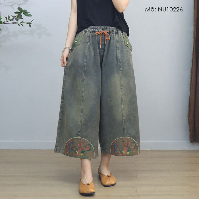 Quần baggy denim lưng thun thêu bán nguyệt - NU10226