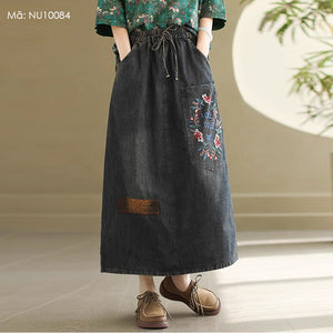Chân váy denim lưng thun thêu vòng nguyệt quế - NU10084