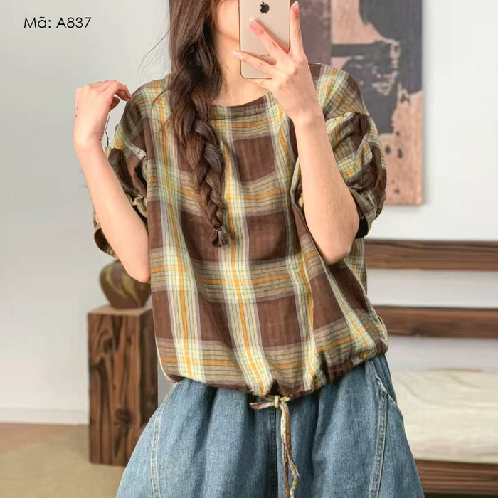 Áo sơ mi linen ngắn tay cổ tròn kẻ caro vạt bo dây rút - A837