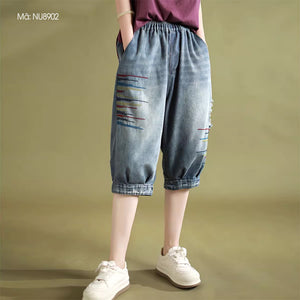 Quần baggy lửng denim lưng thun thêu những vạch màu - NU8902