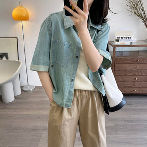 Áo sơ mi denim ngắn tay cổ thủy thủ hai túi vuông - NU8823