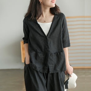 Áo sơ mi linen ngắn tay cổ V form rộng - NU5582