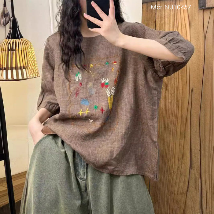 Áo T-shirt linen ngắn tay cổ tròn thêu làm vườn retro - NU10457