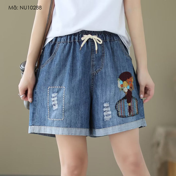 Quần sooc denim lưng thun thêu cô gái hai túi sau - NU10288