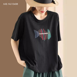 Áo T-shirt ngắn tay cổ tròn in xương cá retro - NU10438