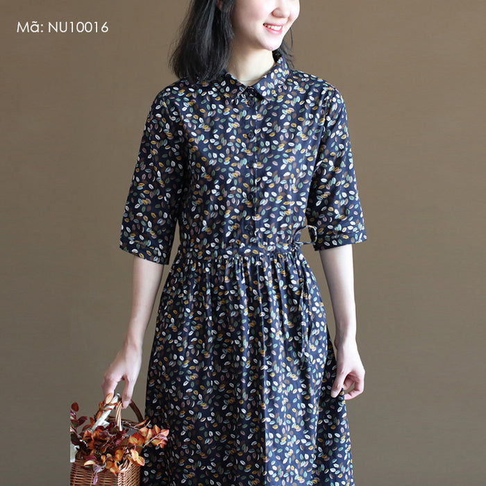 Đầm liền linen ngắn tay cổ đức in những chiếc lá sắc màu - NU10016