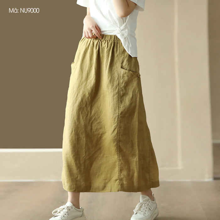 Chân váy linen retro hai túi đính khuy lưng thun - NU9000