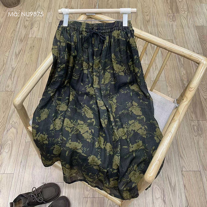 Chân váy linen lưng thun retro in hoa lá - NU9875