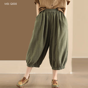 Quần baggy linen lửng lưng thun ống rộng bo gấu - Q005