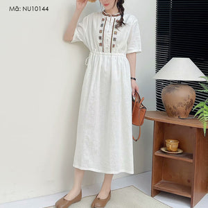 Đầm liền linen ngắn tay cổ tròn thêu hoa văn ô vuông - NU10144