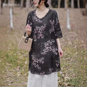 Áo sơ mi linen tay lửng cổ V form dài in hoa lá - NU10012