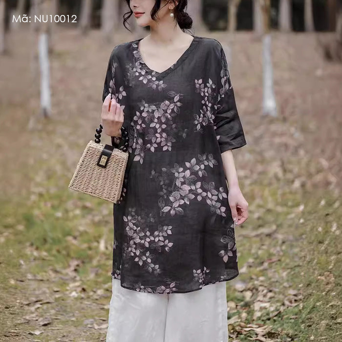 Áo sơ mi linen tay lửng cổ V form dài in hoa lá - NU10012