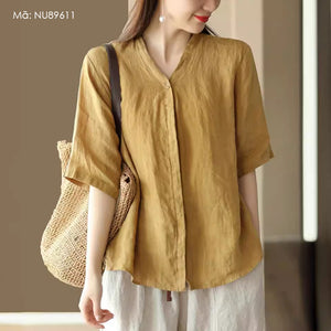 Áo sơ mi linen đơn sắc ngắn tay cổ V kiểu giấu khuy - NU8961